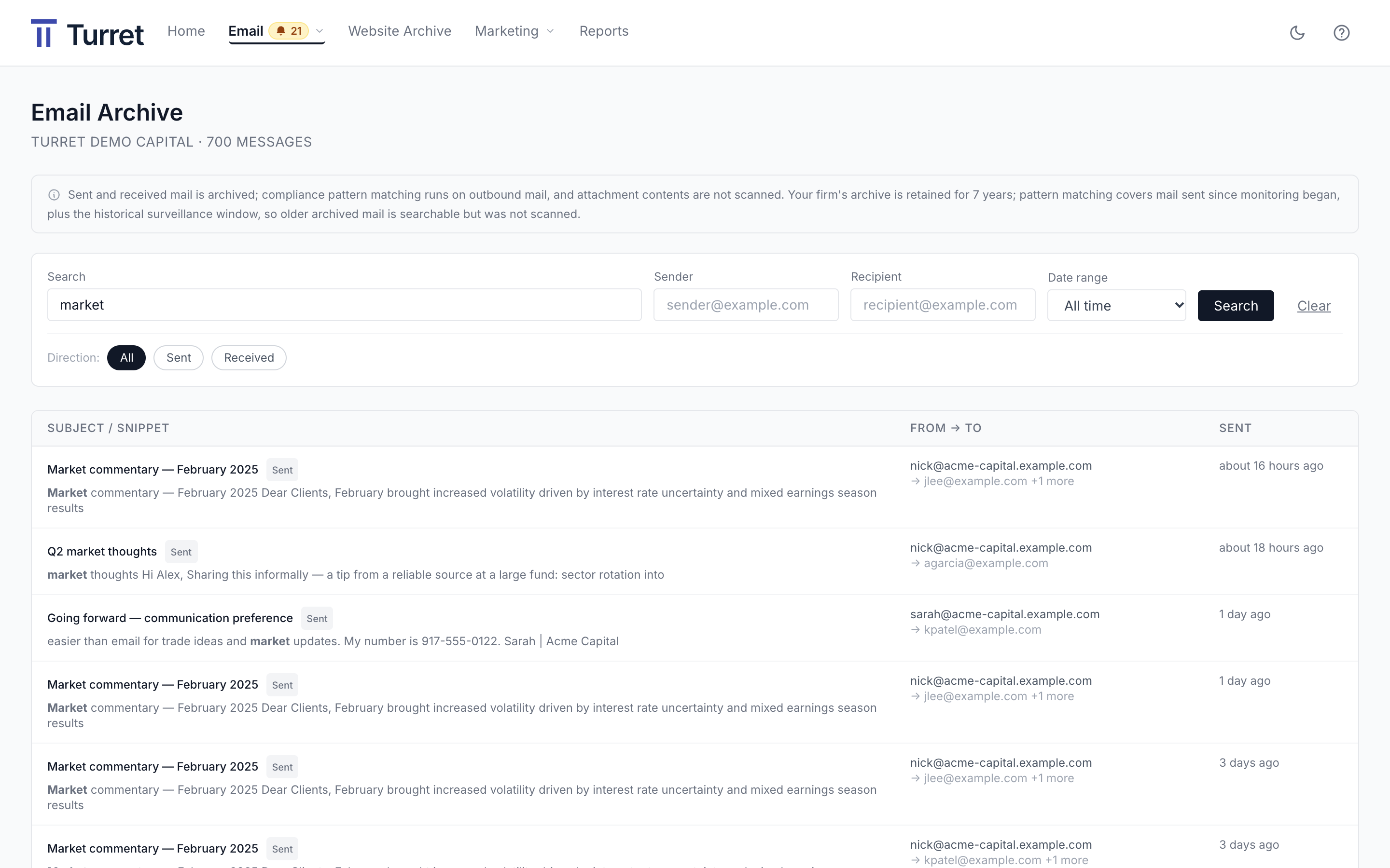 Turret archive search for a demo firm, showing messages that match a search for 'market'